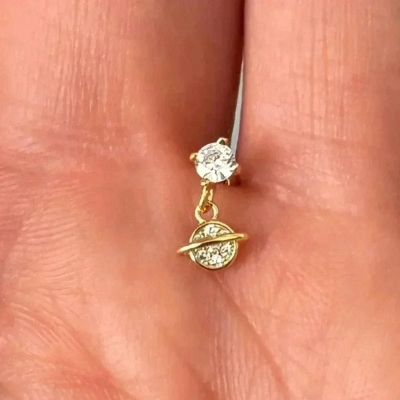 Gold Crystal Saturn Dangle Cartilage Earring - Picture 3 of 5